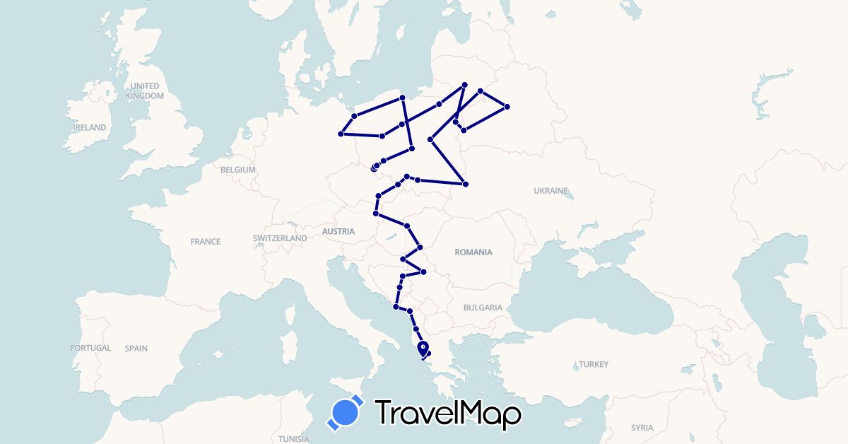 TravelMap itinerary: driving in Albania, Austria, Bosnia and Herzegovina, Belarus, Czech Republic, Germany, Greece, Croatia, Hungary, Lithuania, Montenegro, Poland, Serbia, Ukraine (Europe)